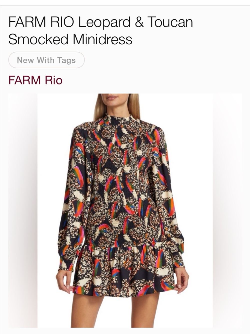 FARM Rio Black Multicolor Smocked Minidress with Leopard andToucan Print size XS